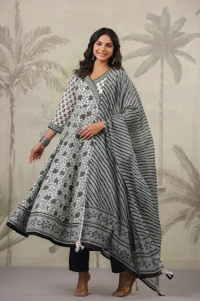 Black and White Floral Printed Angrakha Kurta Set