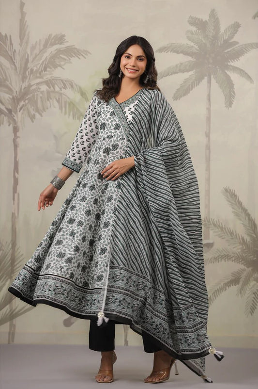 Black and White Floral Printed Angrakha Kurta Set
