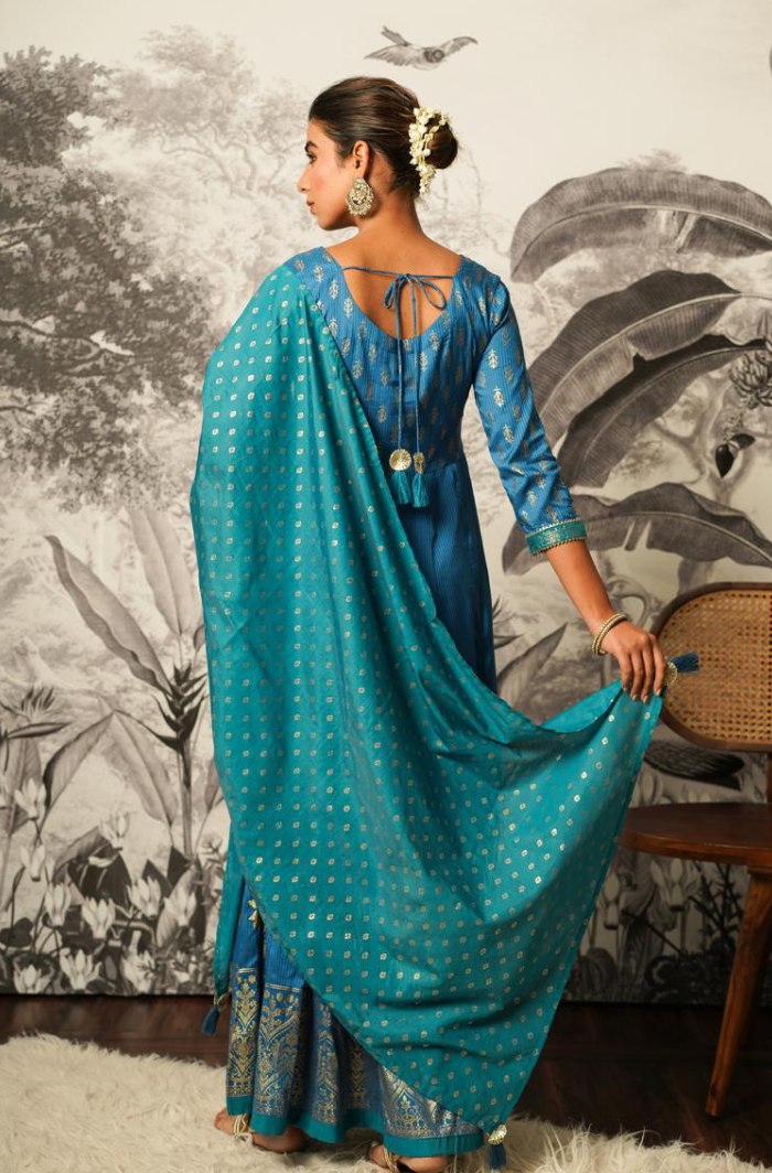 Shimmering Blue: Elegance in Anarkali and Printed Dupatta