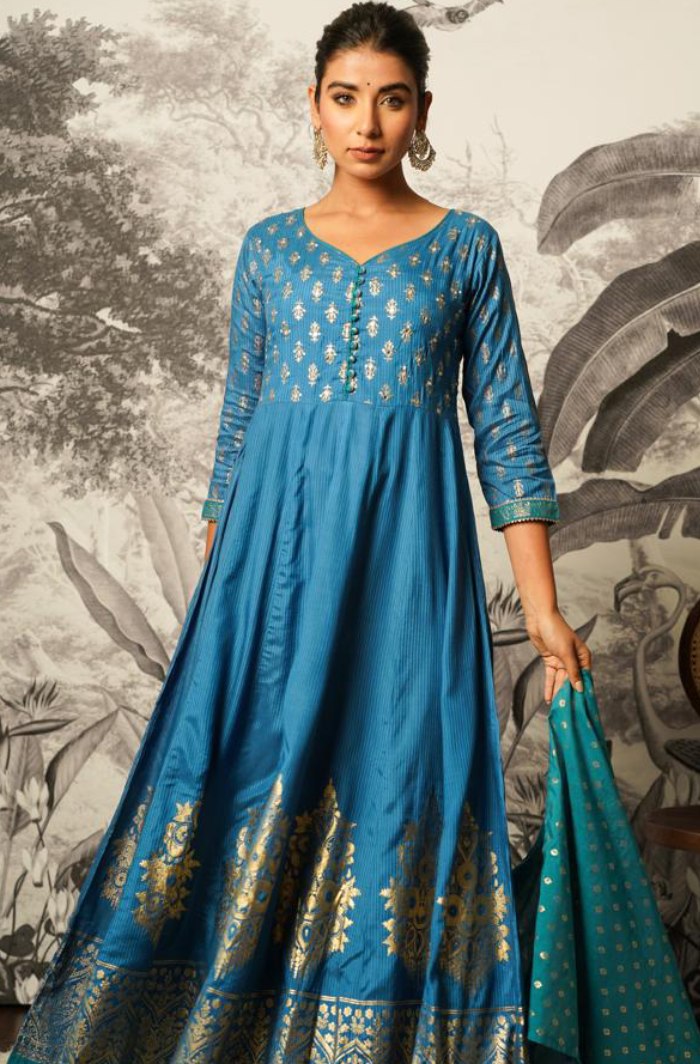 Shimmering Blue: Elegance in Anarkali and Printed Dupatta