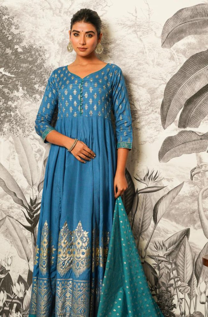 Shimmering Blue: Elegance in Anarkali and Printed Dupatta