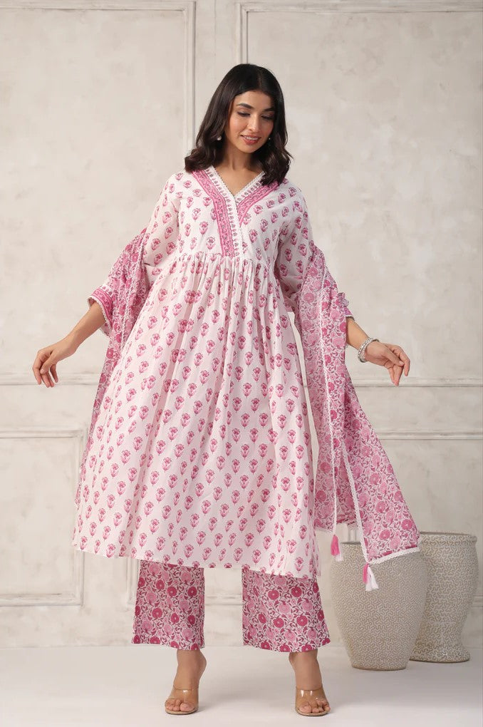 Pink and White Floral Printed Anarkali Kurta Set