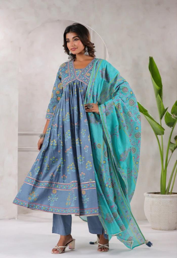 Grey Floral Printed Anarkali Kurta Set