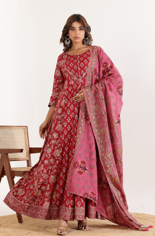 Red Floral Printed Anarkali Dress with Floral Printed Dupatta