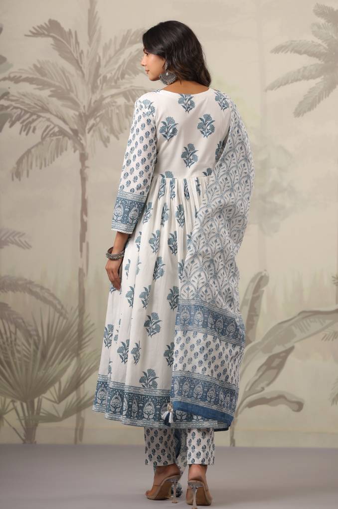 White and Blue Floral Printed Anarkali suit Set