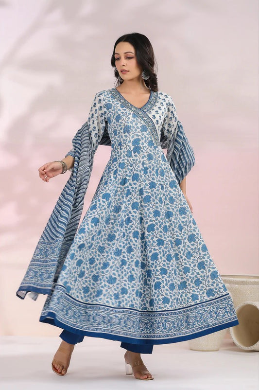 Blue and White Floral Printed Angrakha  Kurta Set