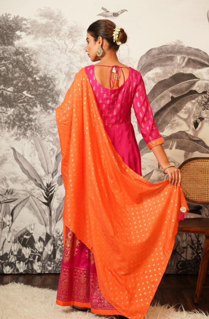 Fiery Elegance: Magenta Anarkali with Orange Dupatta and Foil Accents