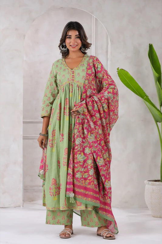 Green Floral Printed Anarkali Kurta Set