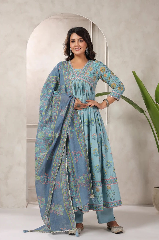 Blue Floral Printed Anarkali Kurta Set