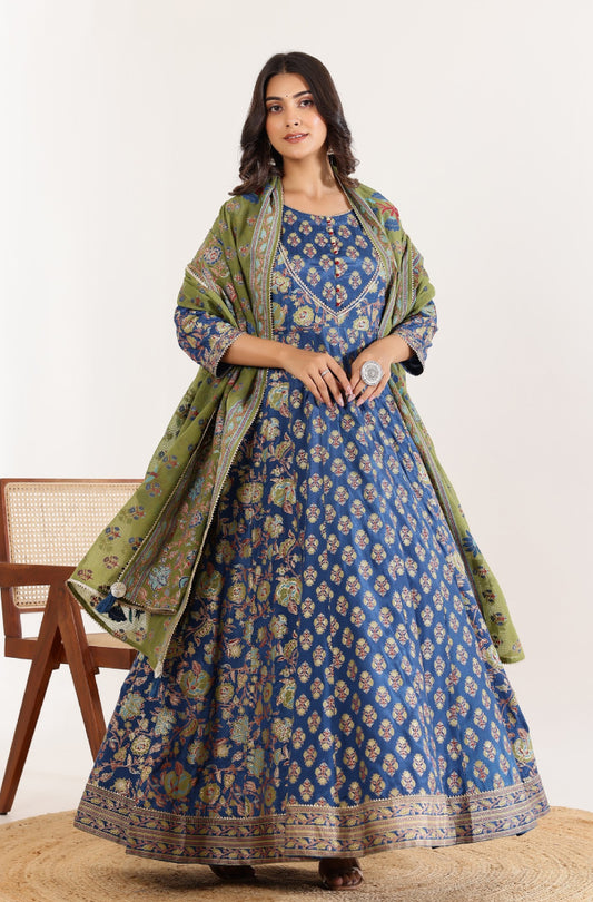 Modern Grace: Blue Anarkali Dress with Floral Dupatta and Sequined Detailing