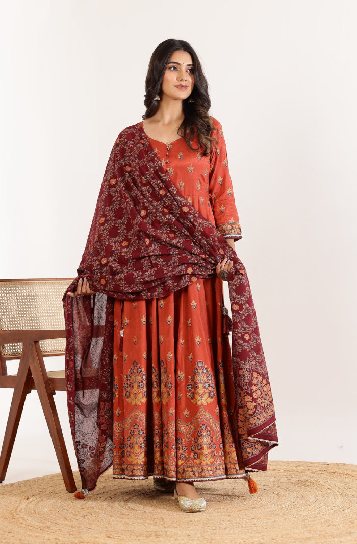 Orange Floral Anarkali Dress with Floral Jaal Printed Dupatta