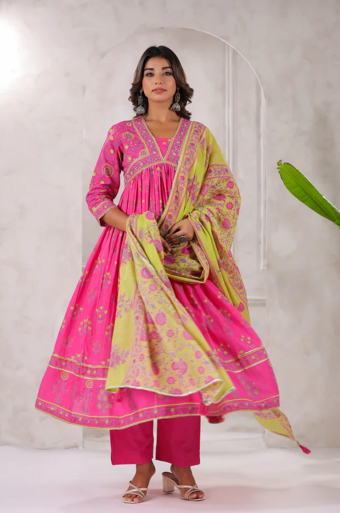 Pink Floral Printed Anarkali Kurta set