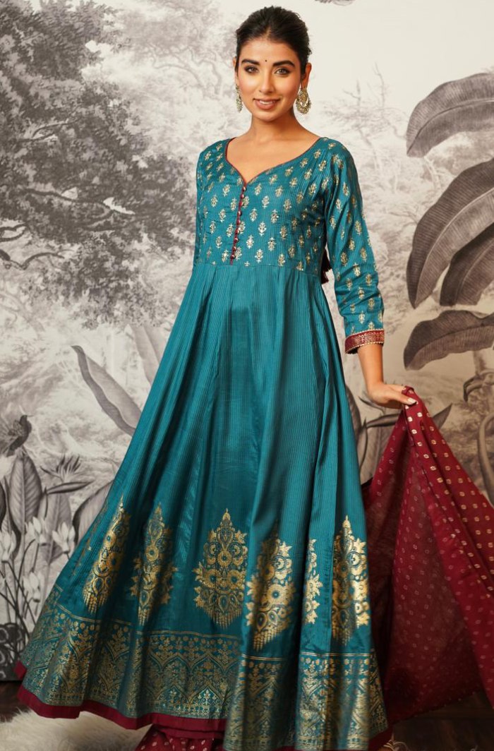 Teal Tranquility: Anarkali with Foil Prints and Tassel Dupatta