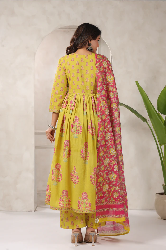 Mustard Yellow Floral Printed Anarkali Kurta Set