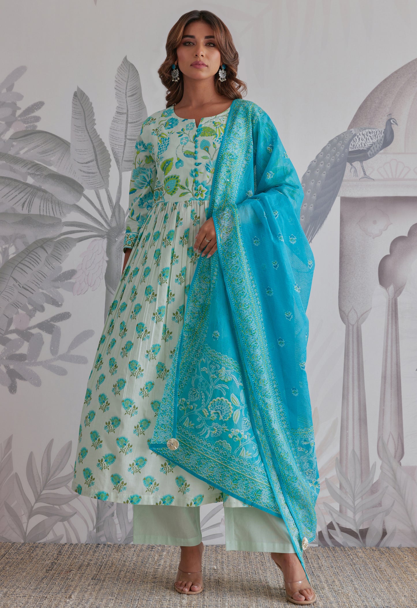 Aqua Blue Floral Printed Anarkali Suit Set