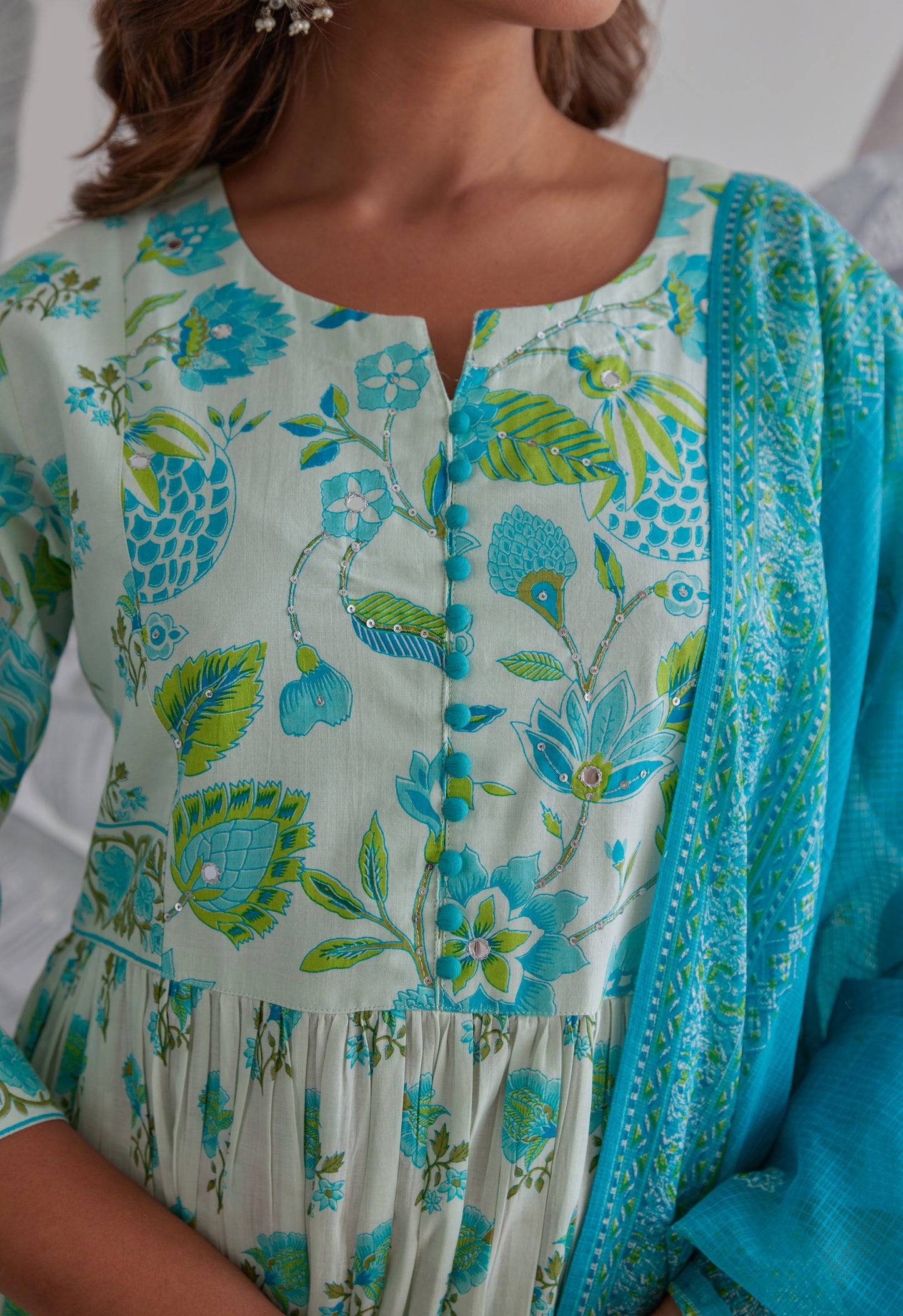 Aqua Blue Floral Printed Anarkali Suit Set