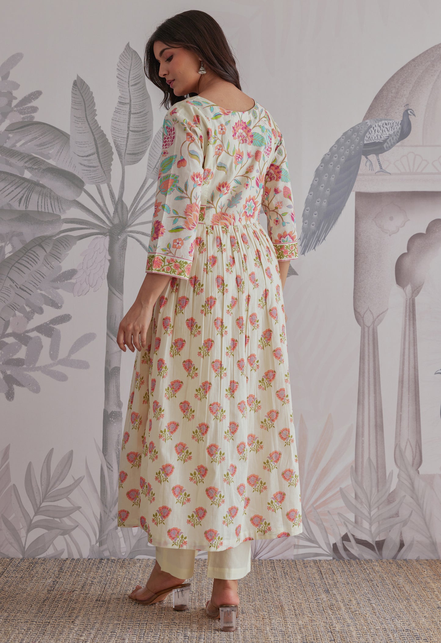 Orange-Cream Floral Printed Anarkali Suit Set