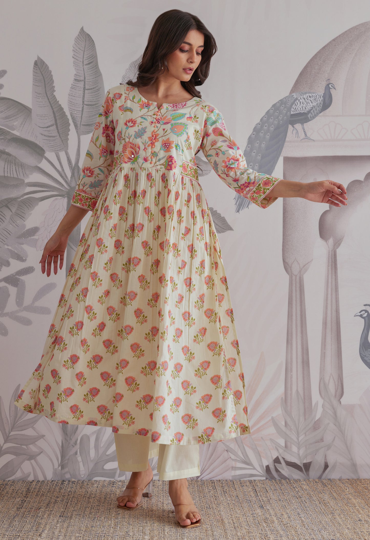 Orange-Cream Floral Printed Anarkali Suit Set