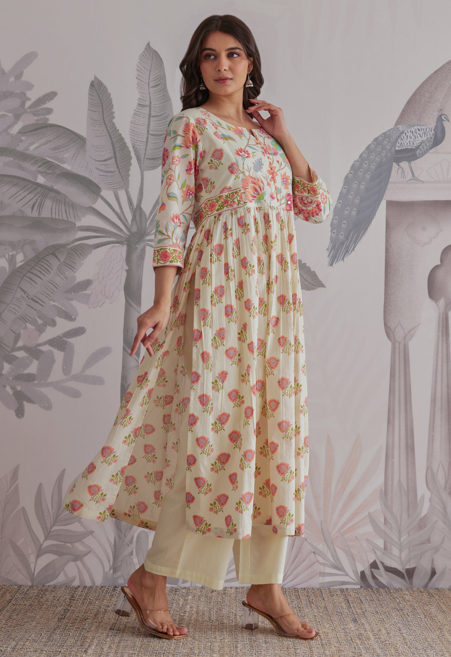 Orange-Cream Floral Printed Anarkali Suit Set
