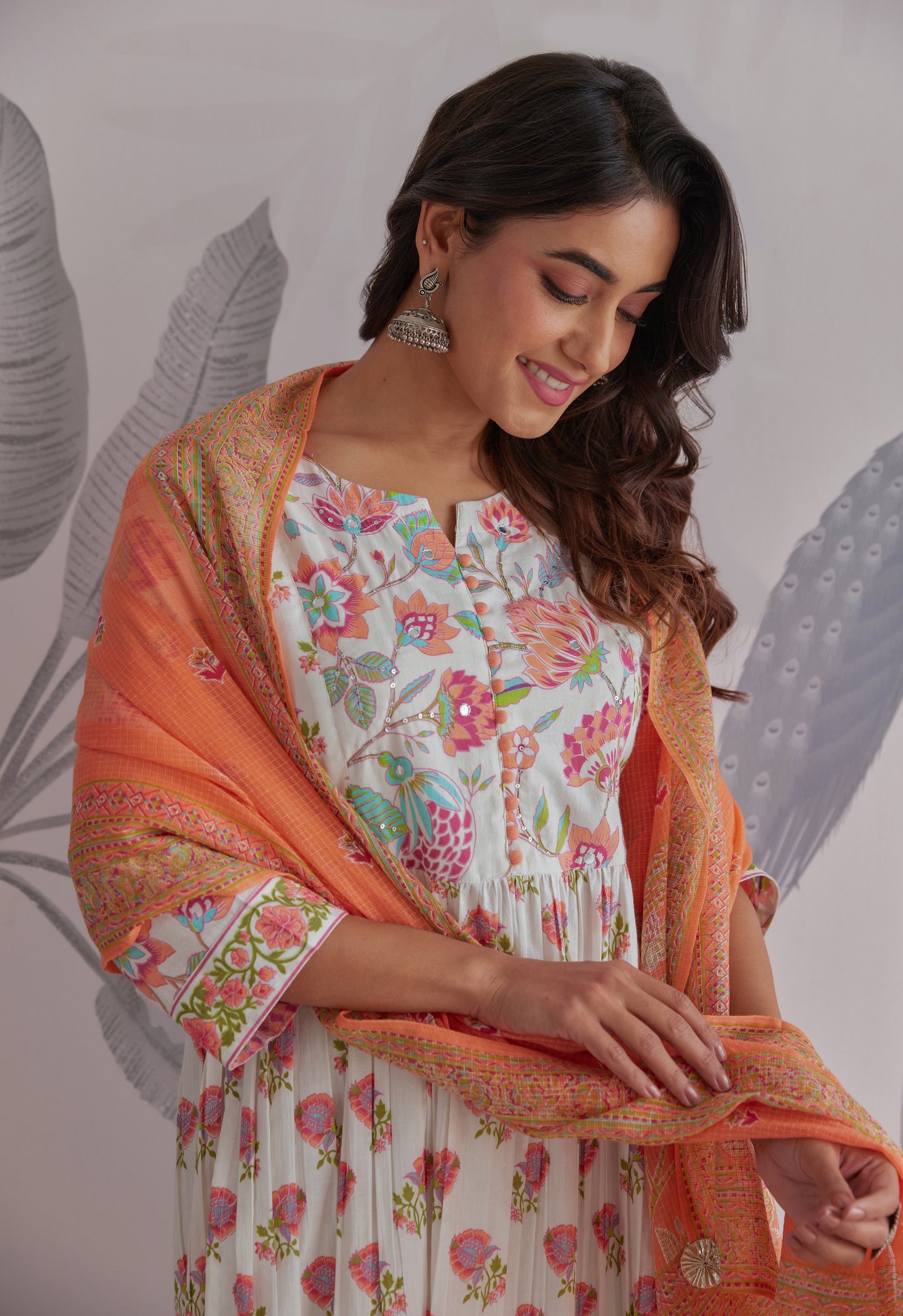 White-Orange Floral Printed Anarkali Suit Set