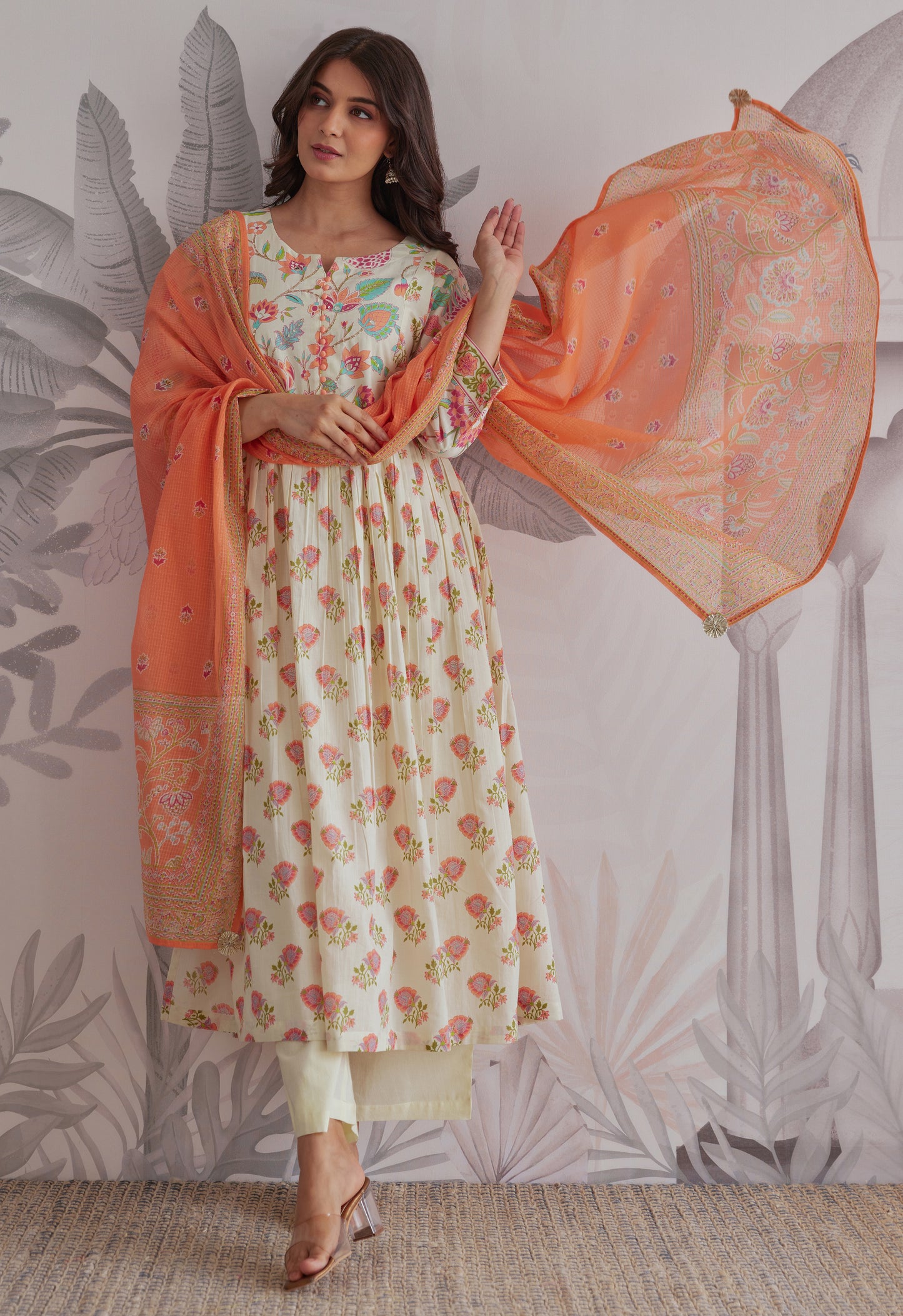 Orange-Cream Floral Printed Anarkali Suit Set