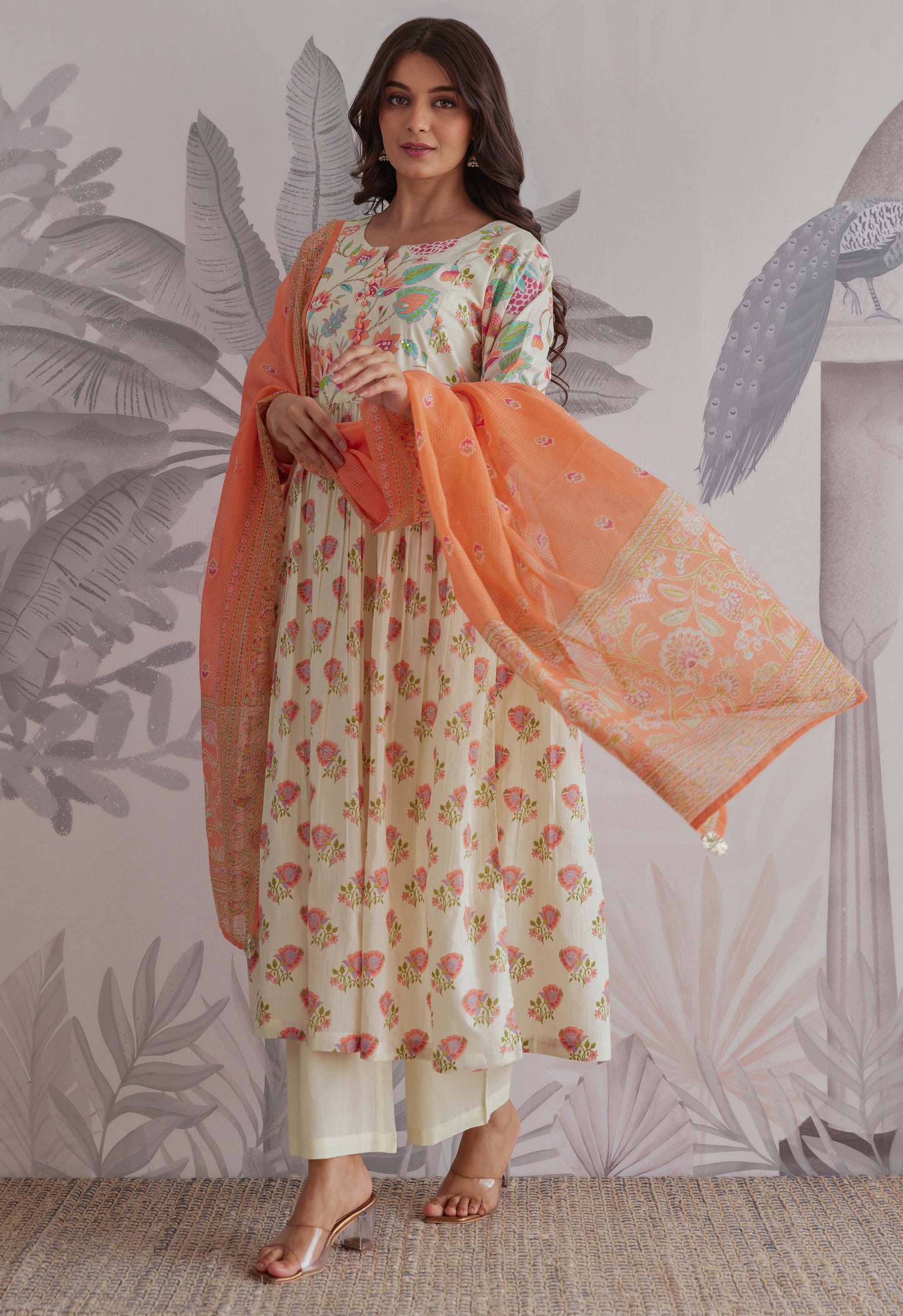 Orange-Cream Floral Printed Anarkali Suit Set