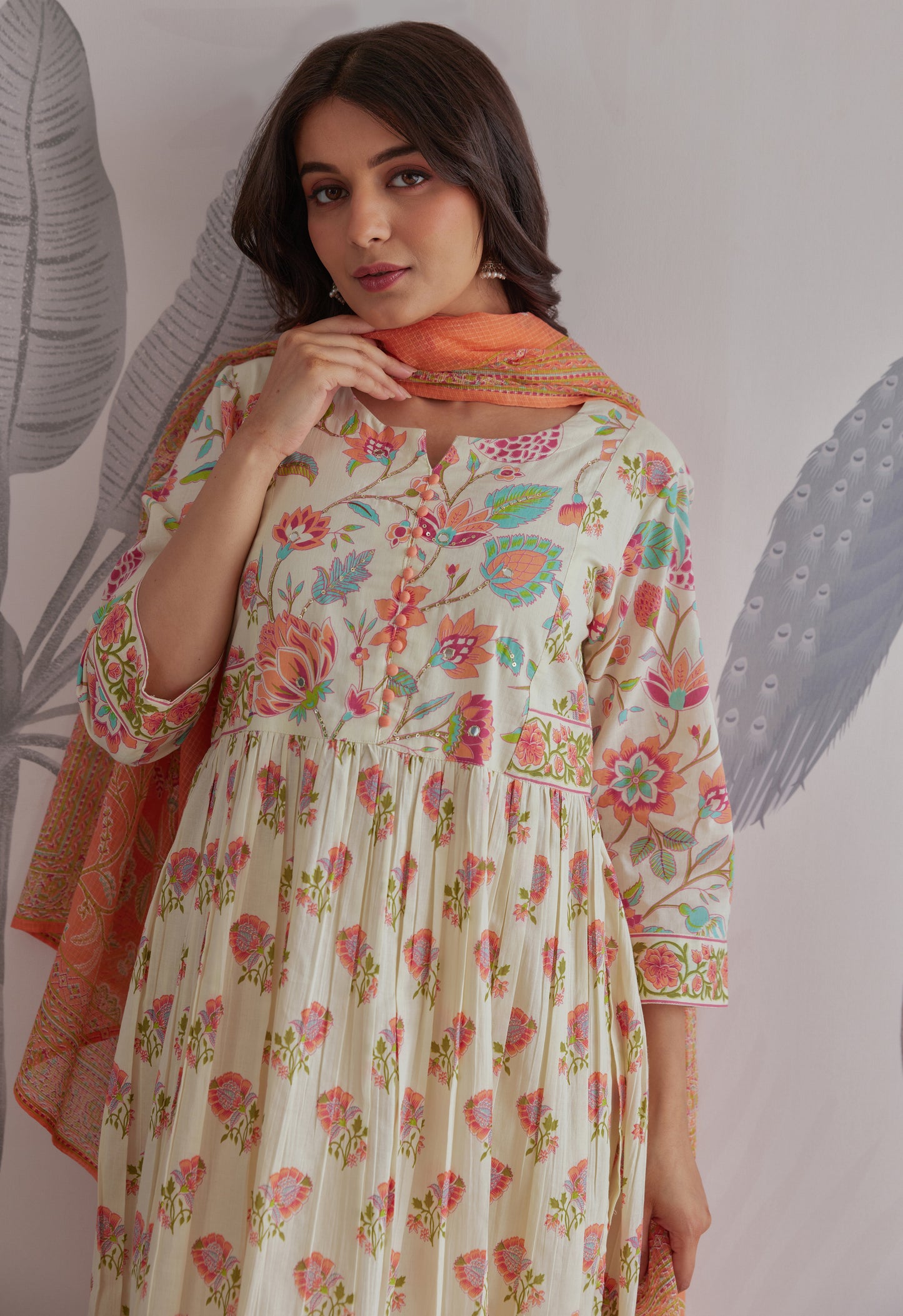 Orange-Cream Floral Printed Anarkali Suit Set