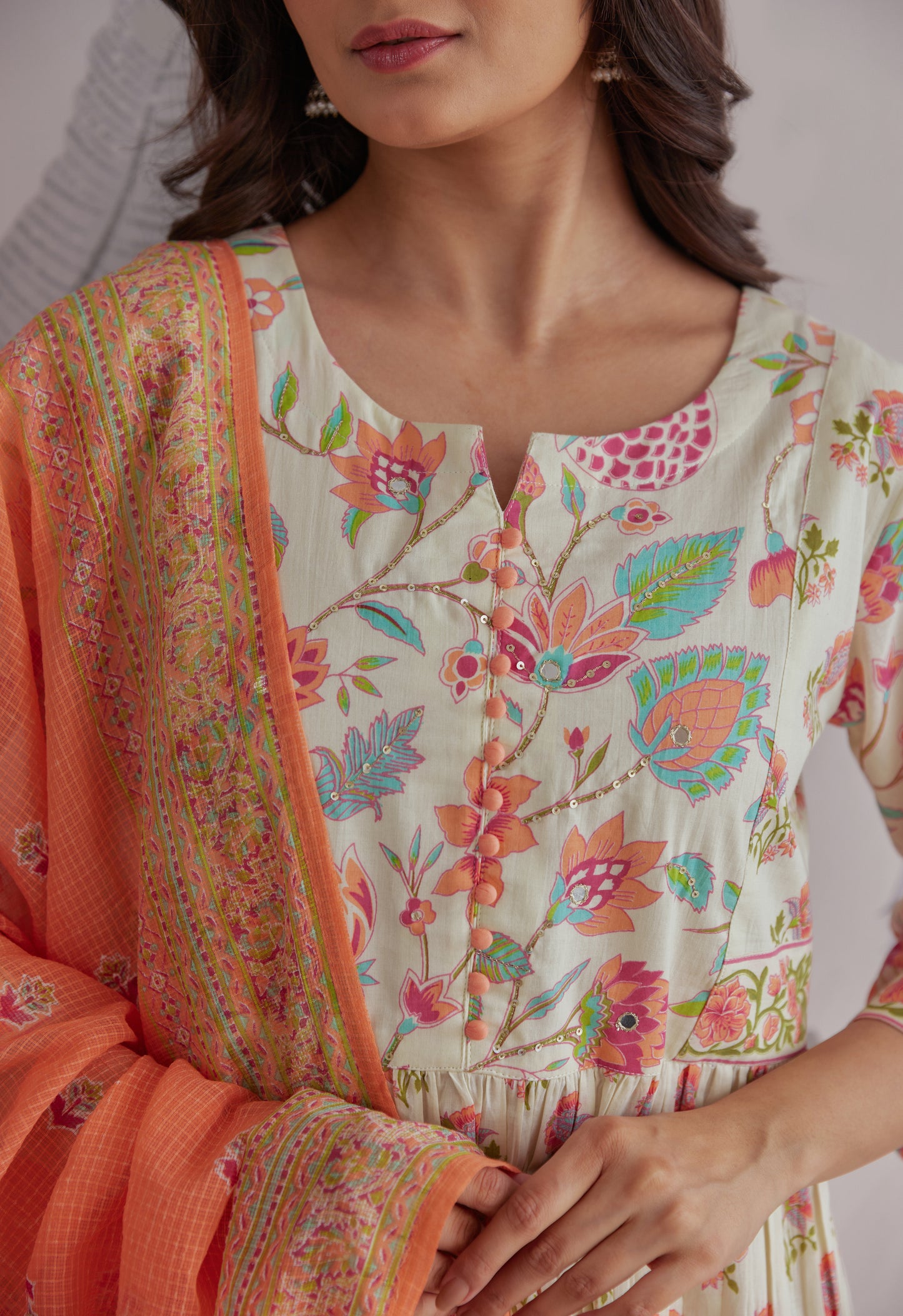 Orange-Cream Floral Printed Anarkali Suit Set