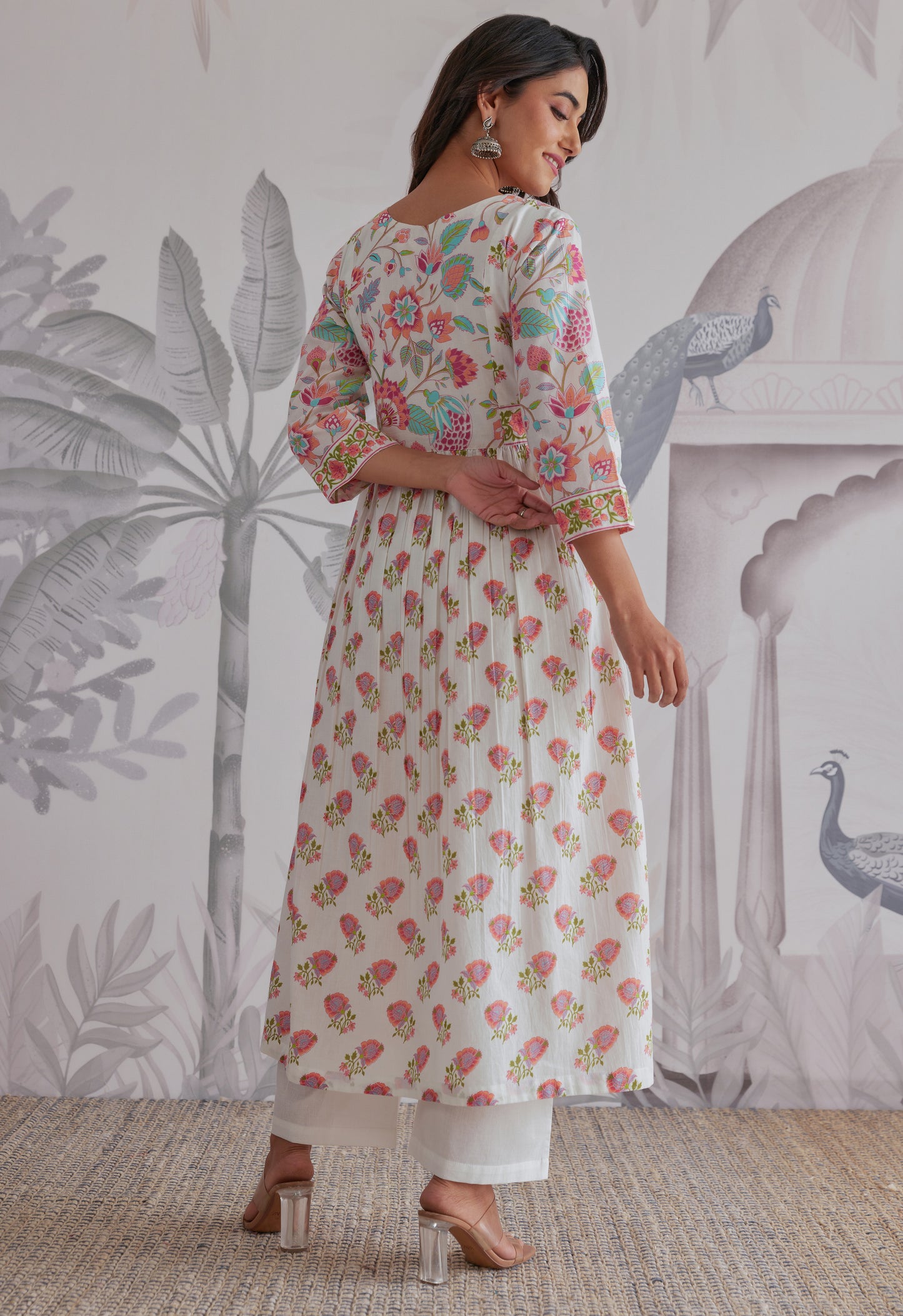 White-Orange Floral Printed Anarkali Suit Set