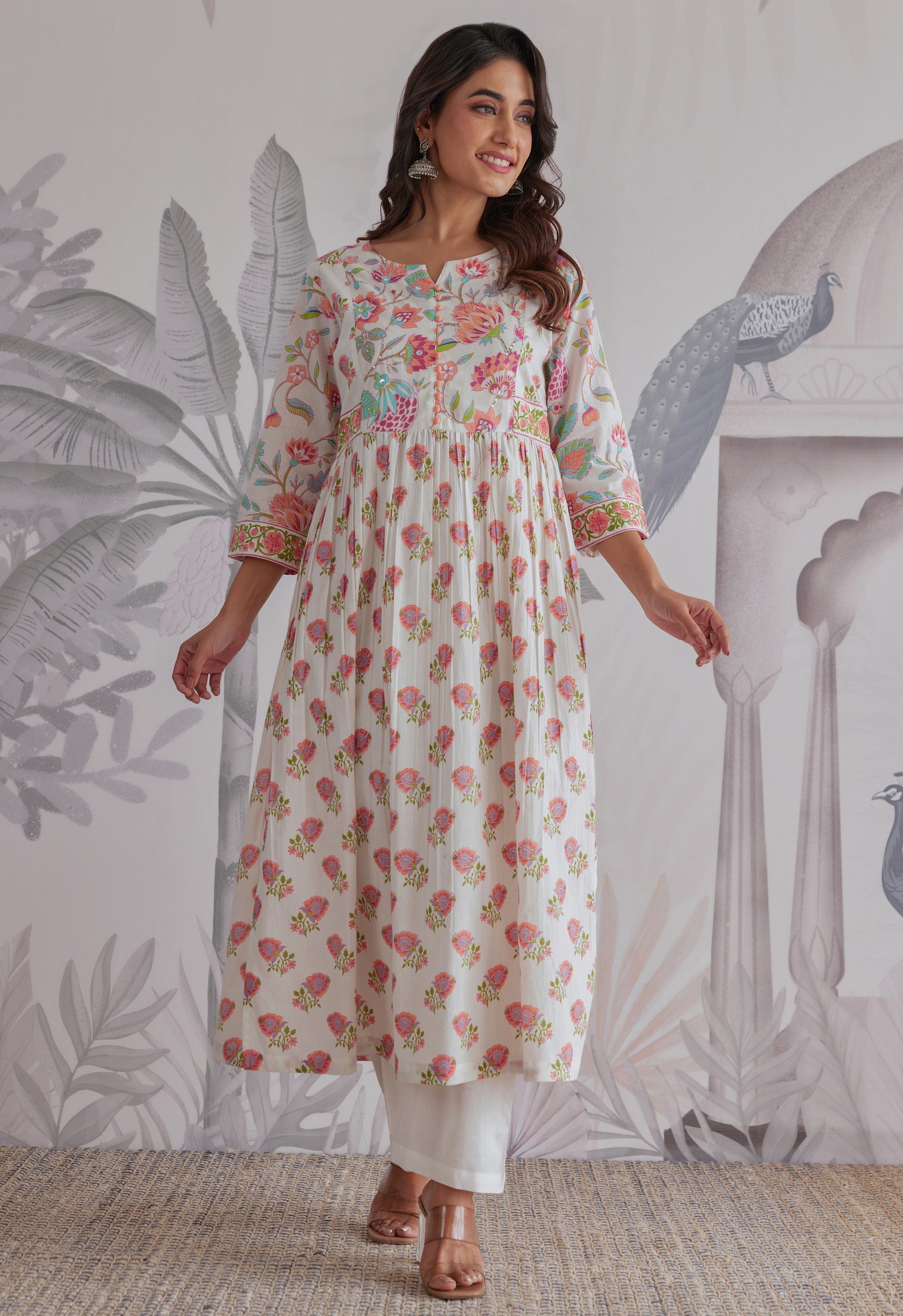 White-Orange Floral Printed Anarkali Suit Set