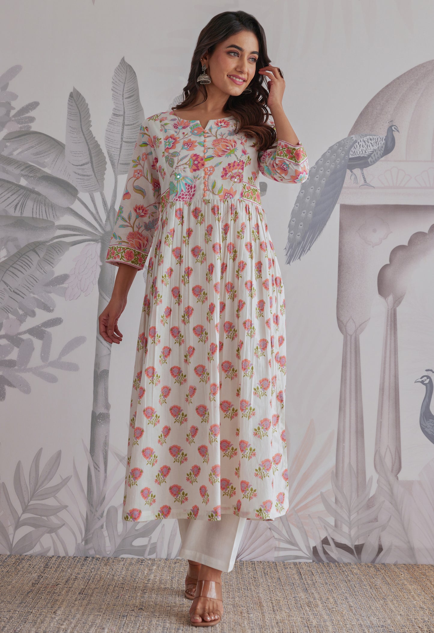 White-Orange Floral Printed Anarkali Suit Set