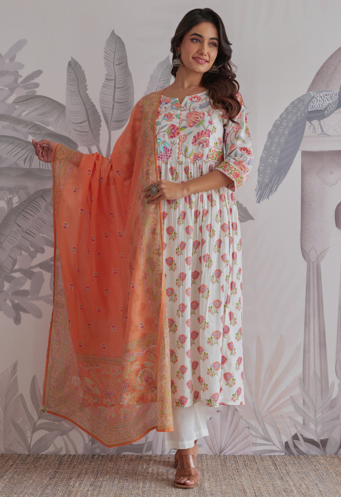 White-Orange Floral Printed Anarkali Suit Set