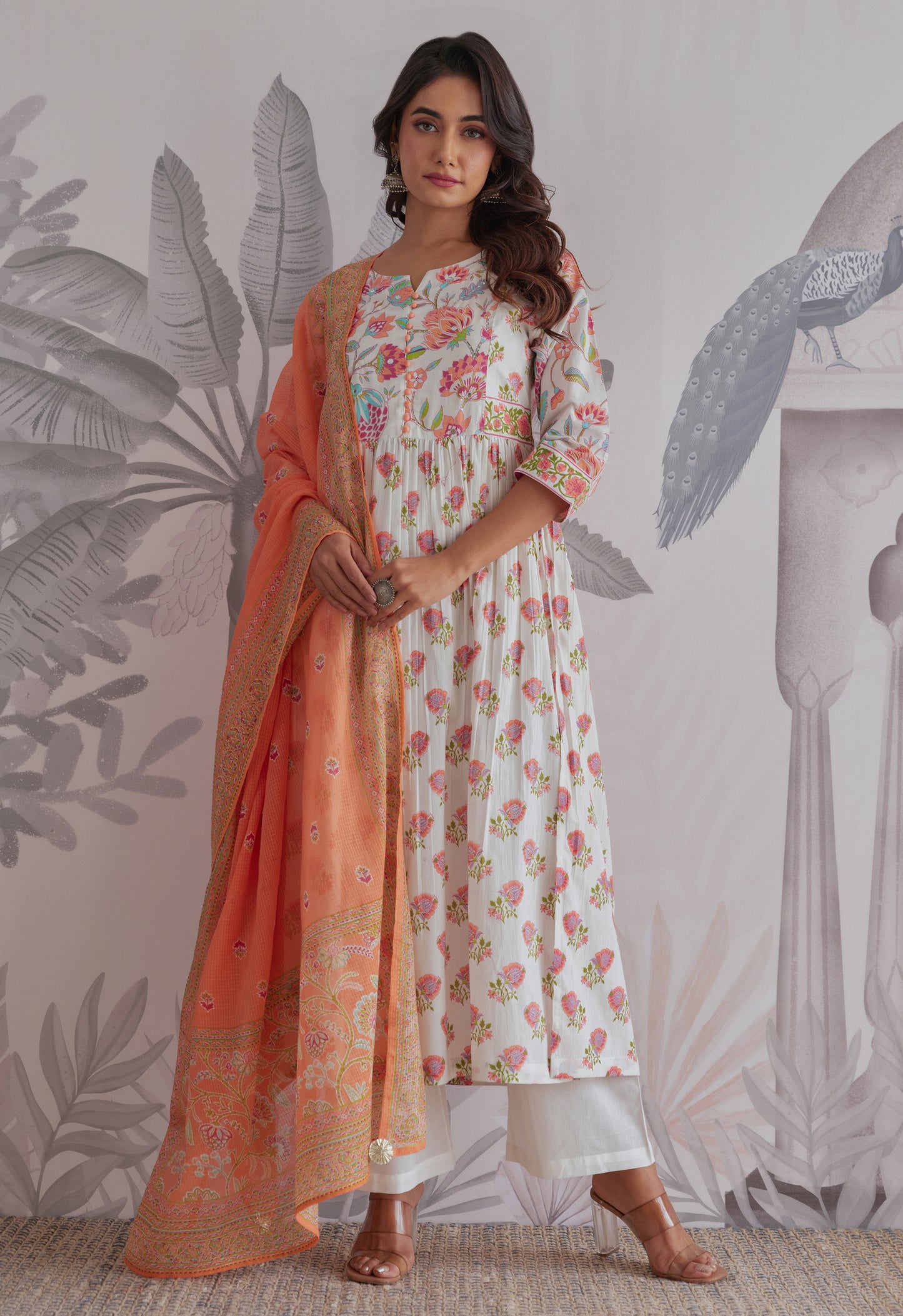 White-Orange Floral Printed Anarkali Suit Set