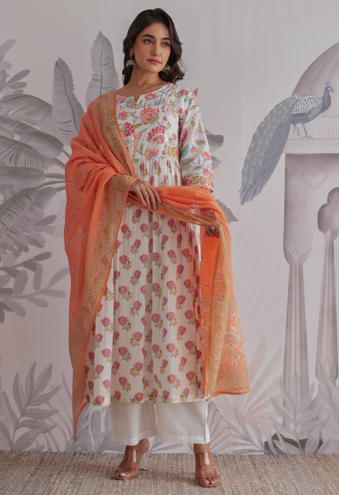 White-Orange Floral Printed Anarkali Suit Set