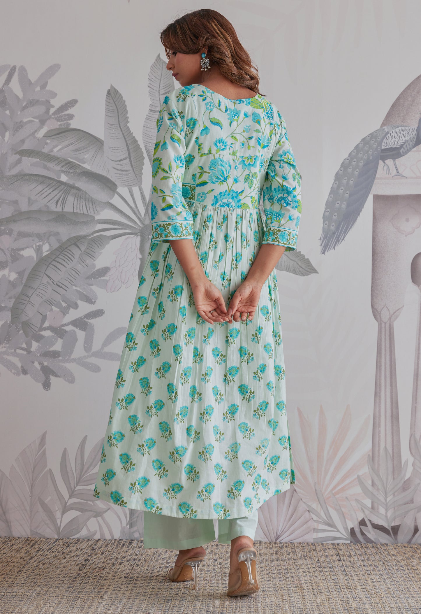 Aqua Blue Floral Printed Anarkali Suit Set