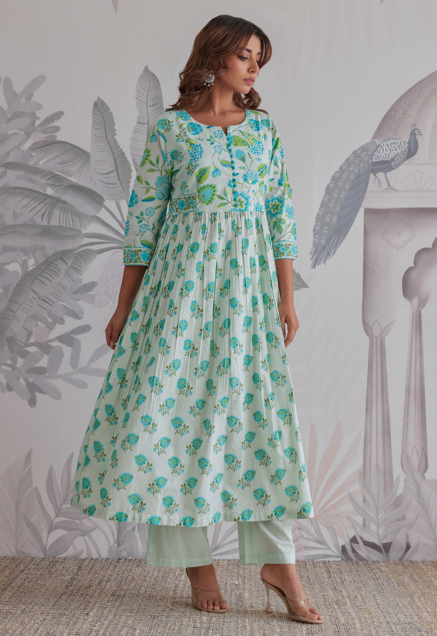 Aqua Blue Floral Printed Anarkali Suit Set