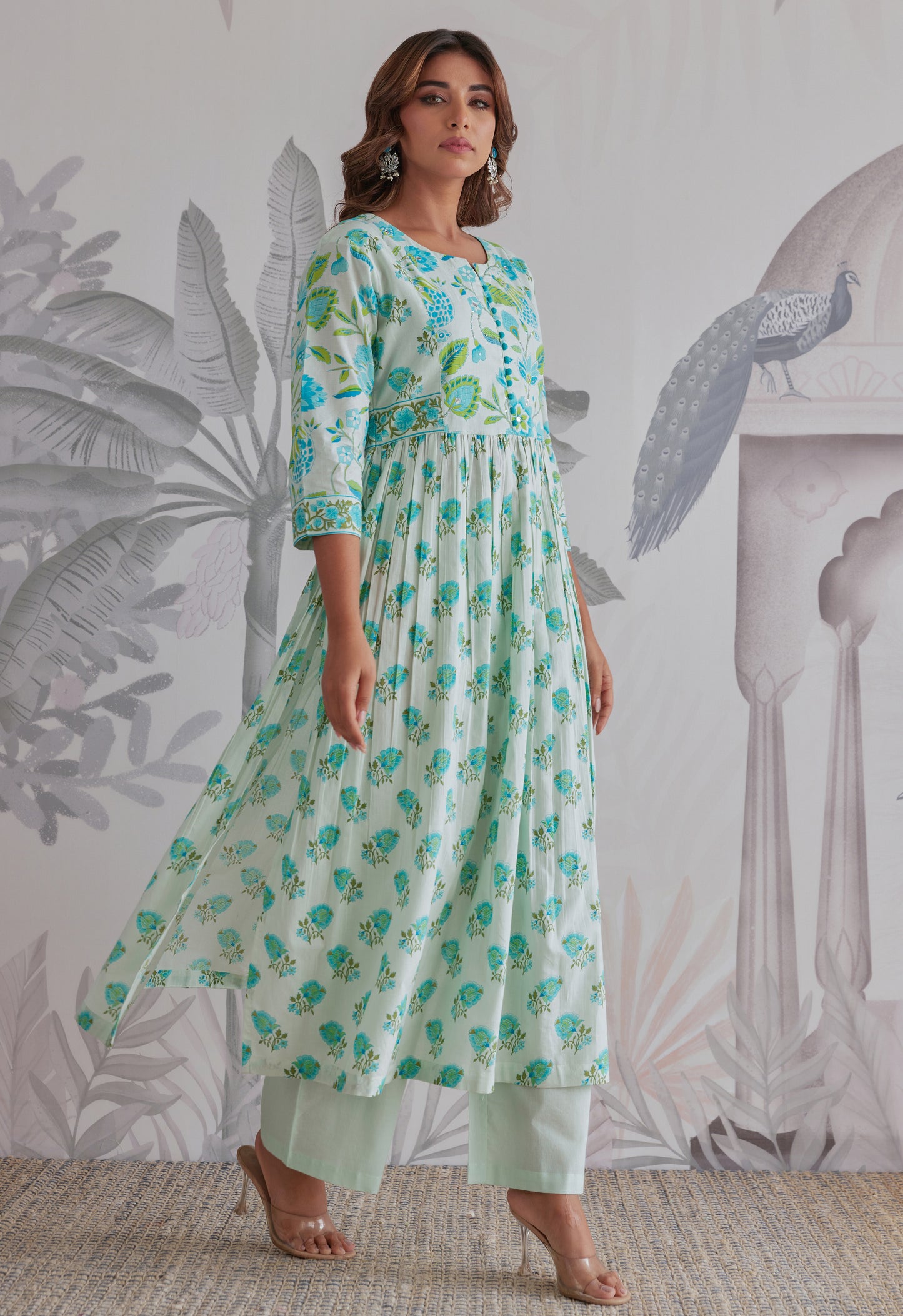 Aqua Blue Floral Printed Anarkali Suit Set