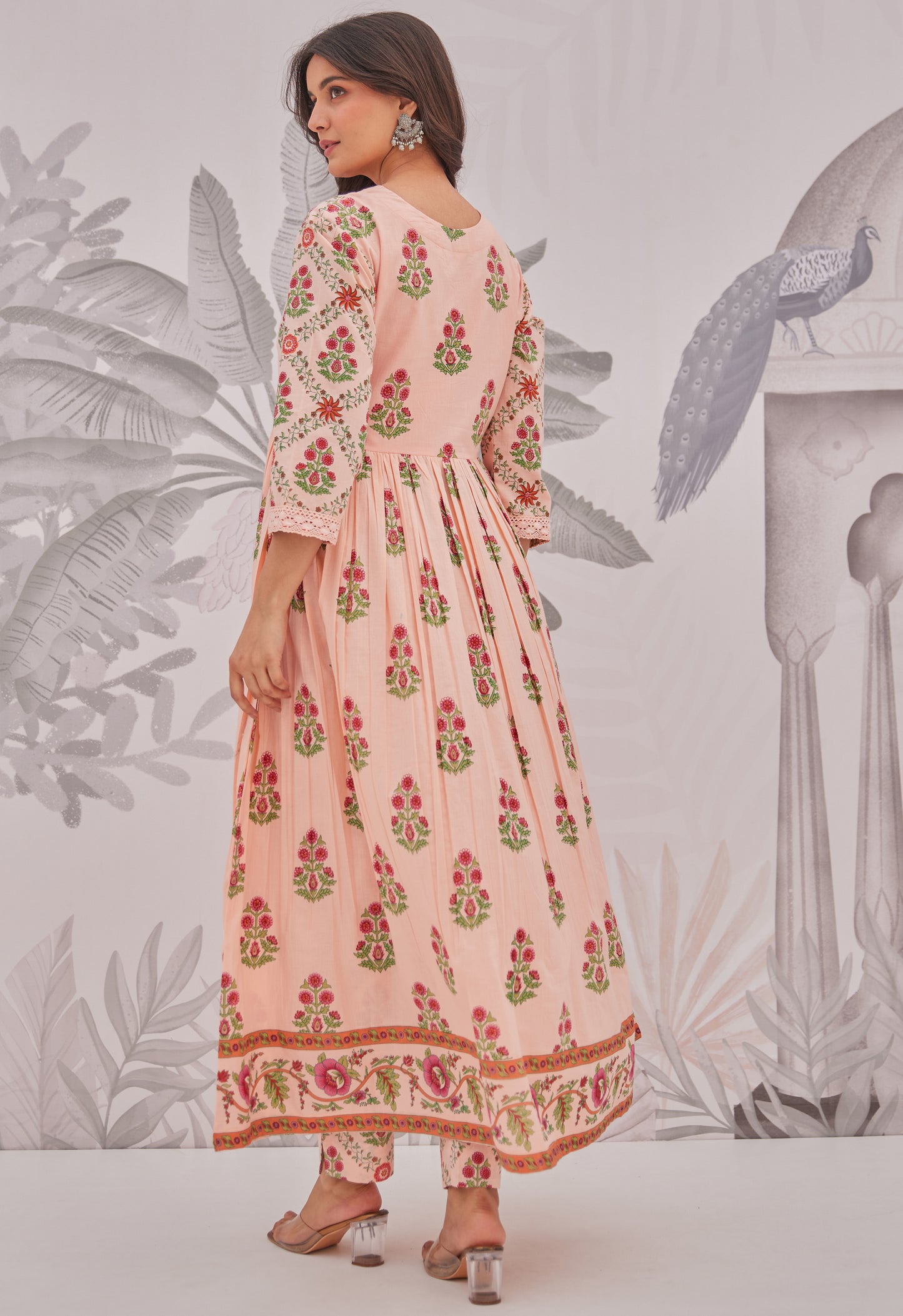 Peach Floral Butta Printed Anarkali Suit Set