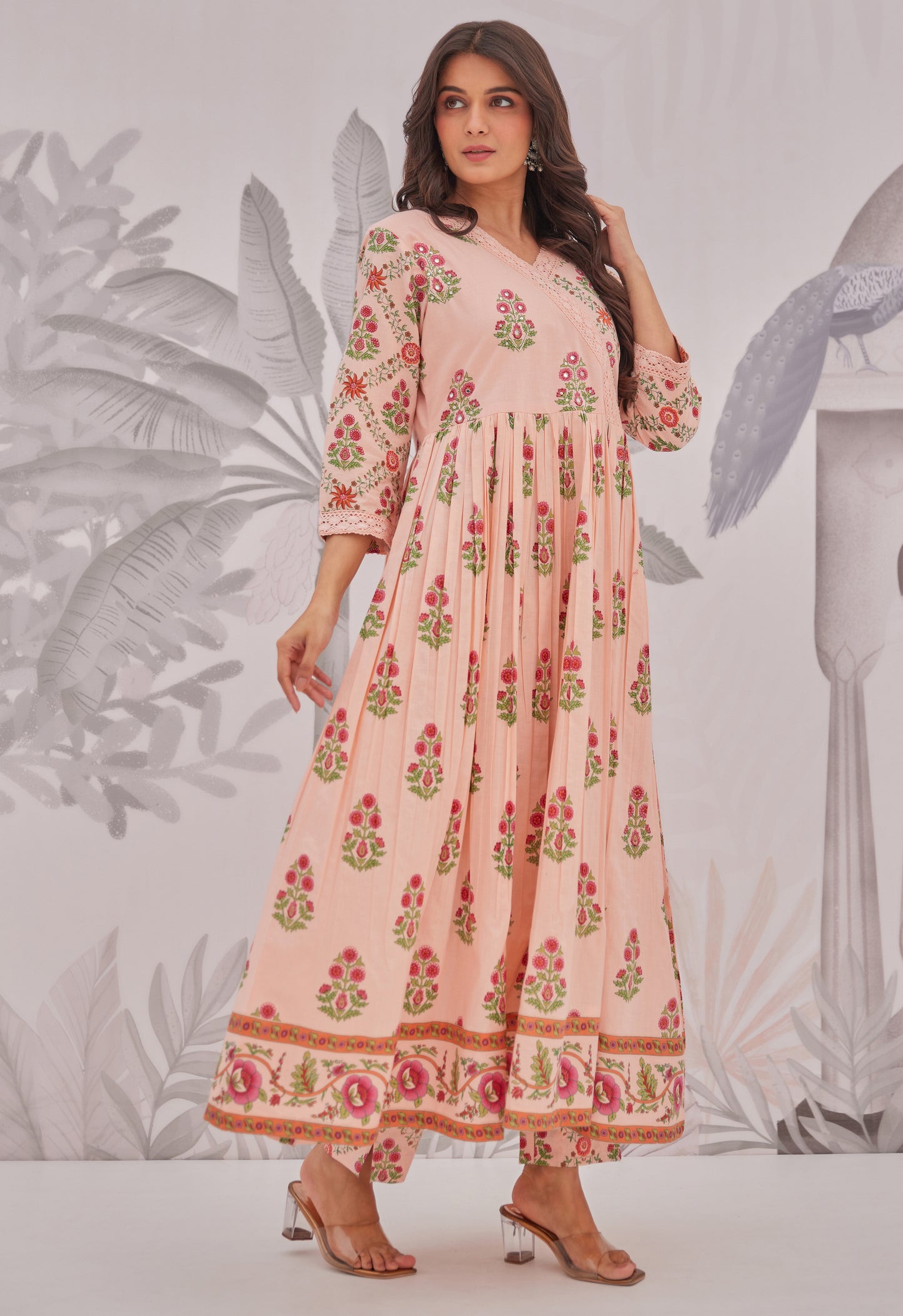 Peach Floral Butta Printed Anarkali Suit Set