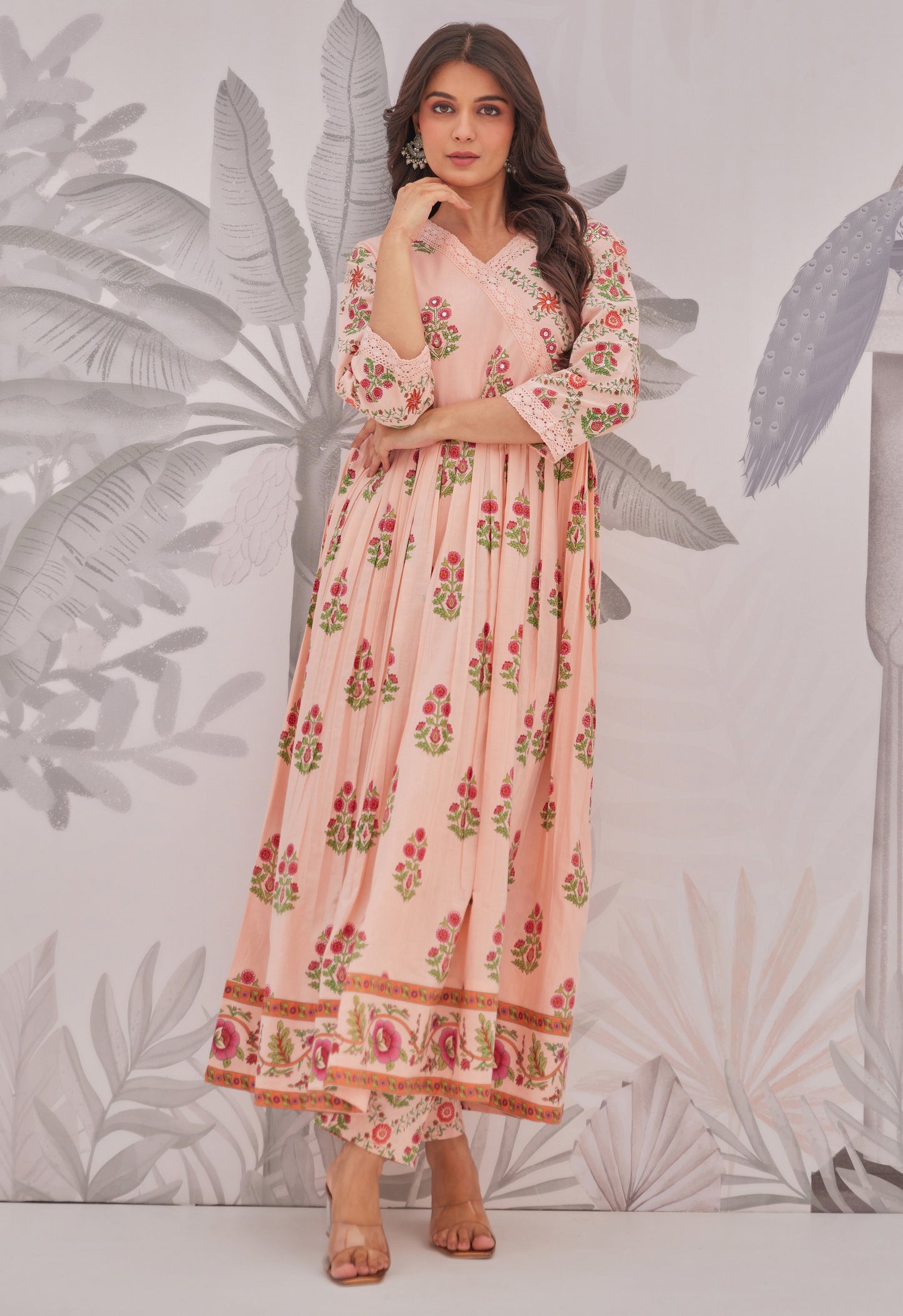 Peach Floral Butta Printed Anarkali Suit Set