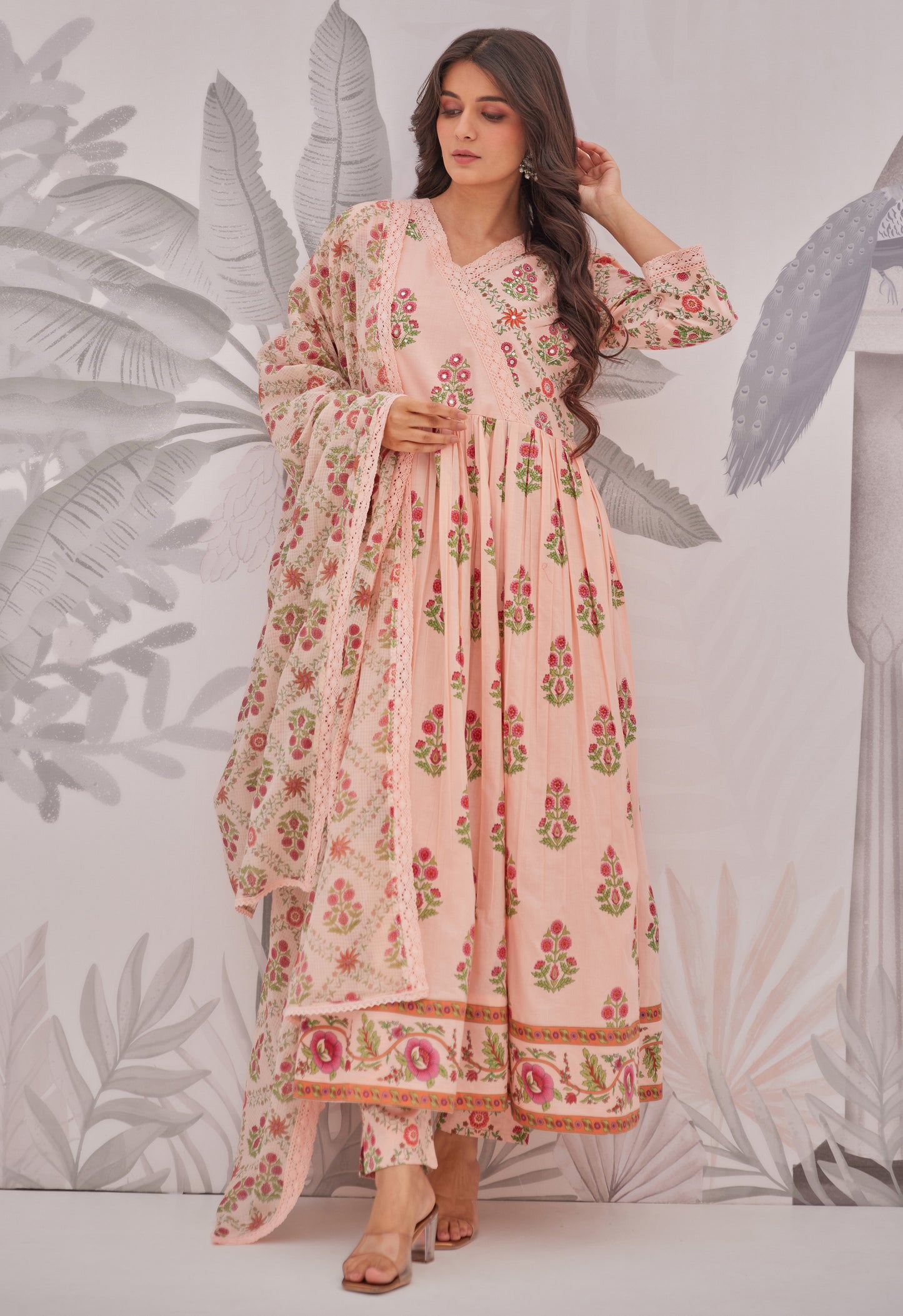 Peach Floral Butta Printed Anarkali Suit Set