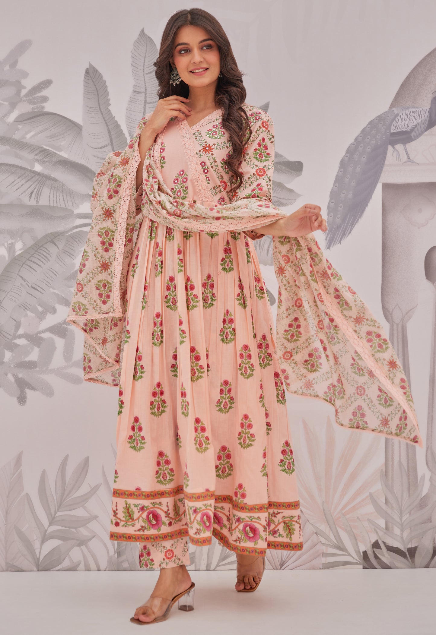 Peach Floral Butta Printed Anarkali Suit Set