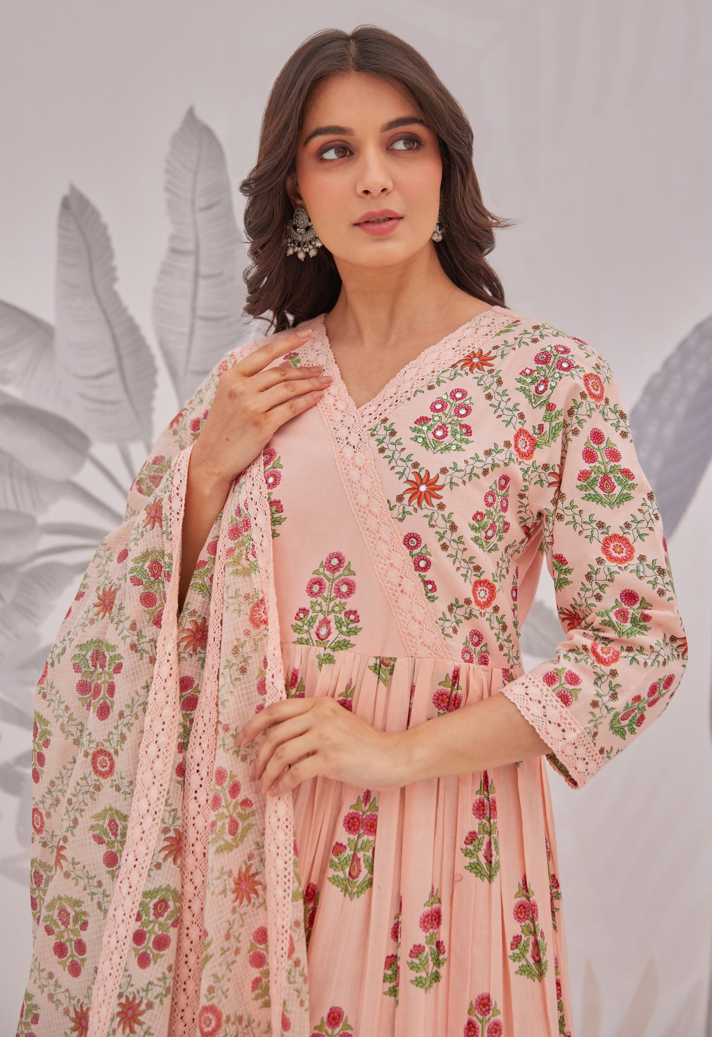 Peach Floral Butta Printed Anarkali Suit Set