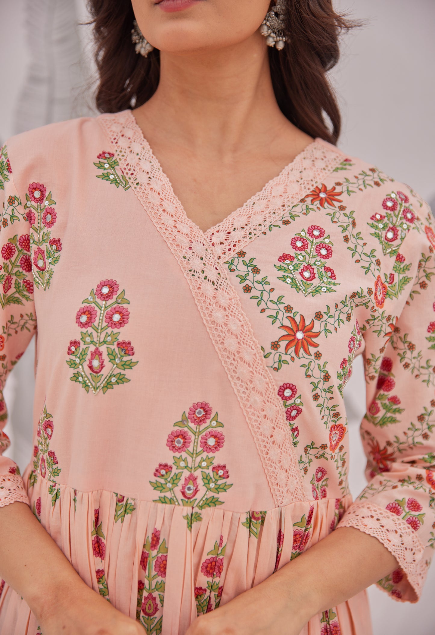Peach Floral Butta Printed Anarkali Suit Set