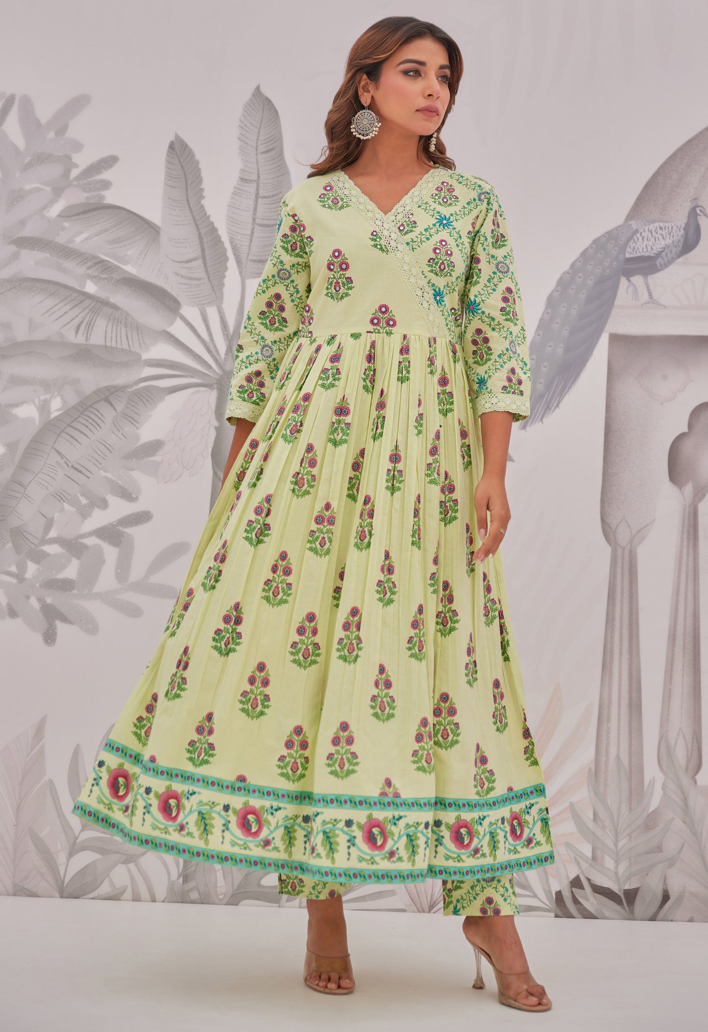 Green Floral Butta Printed Anarkali Suit Set