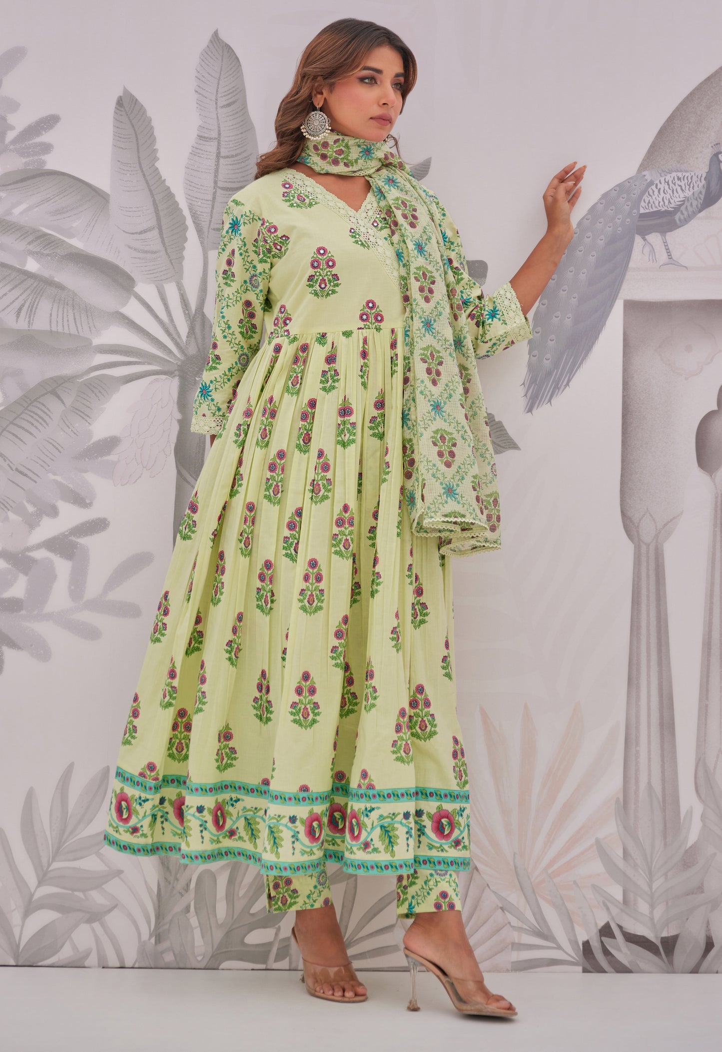 Green Floral Butta Printed Anarkali Suit Set