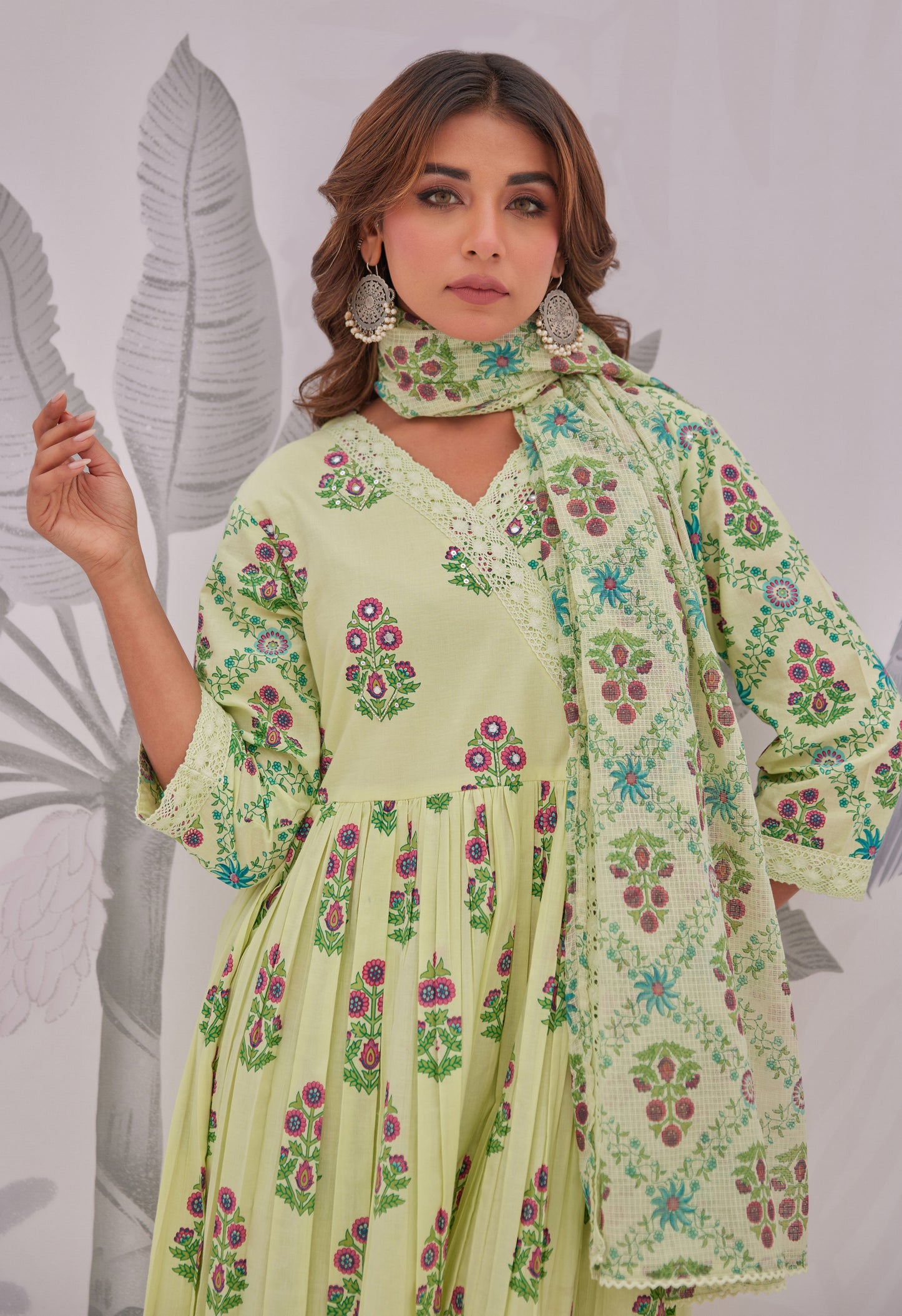 Green Floral Butta Printed Anarkali Suit Set