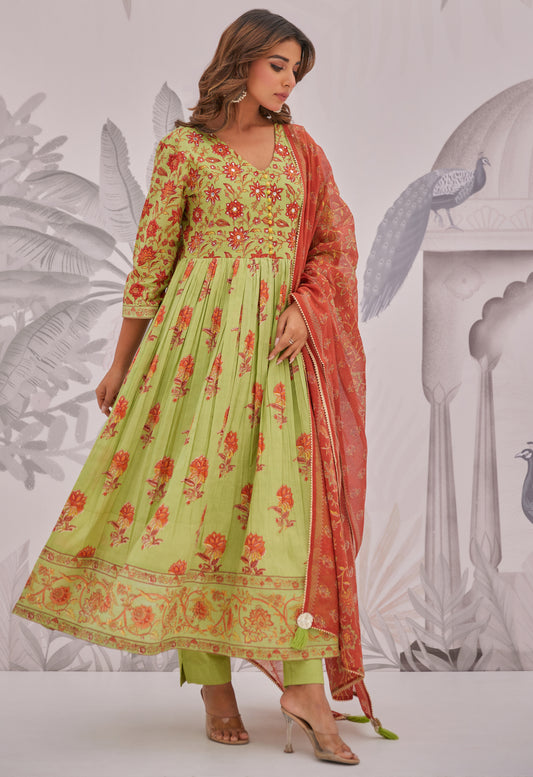 Green Floral Printed Anarkali Suit Set