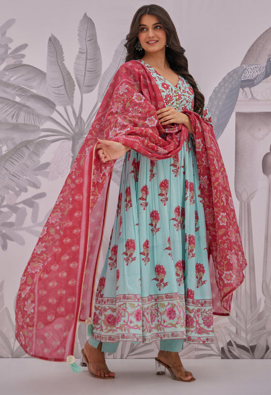 Blue Floral Printed Anarkali Suit Set