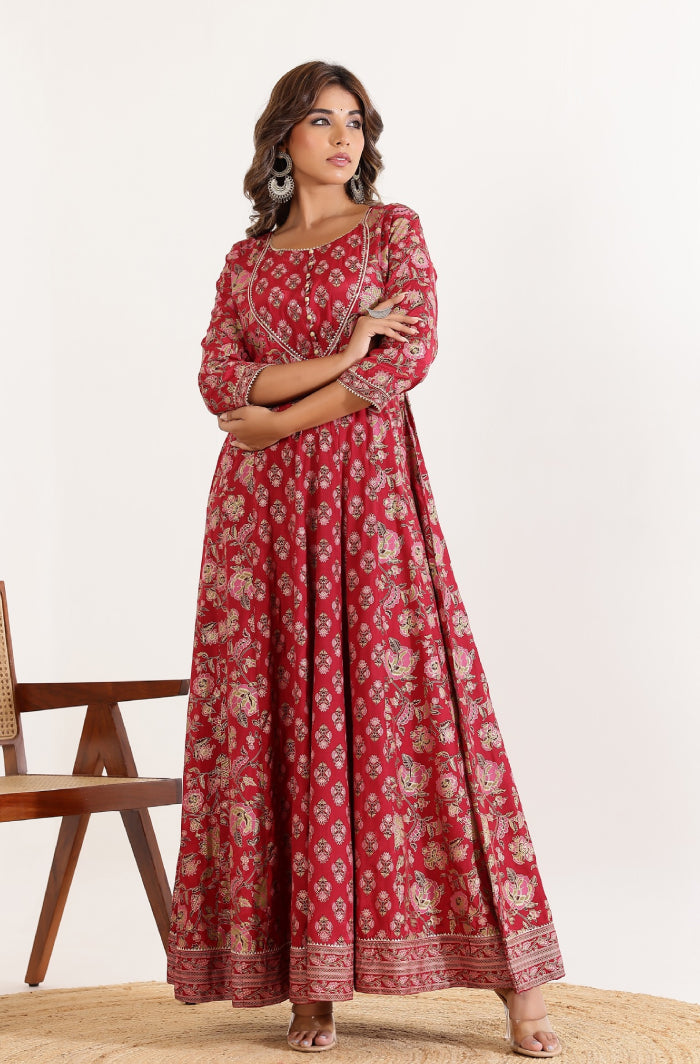 Red Floral Printed Anarkali Dress with Floral Printed Dupatta